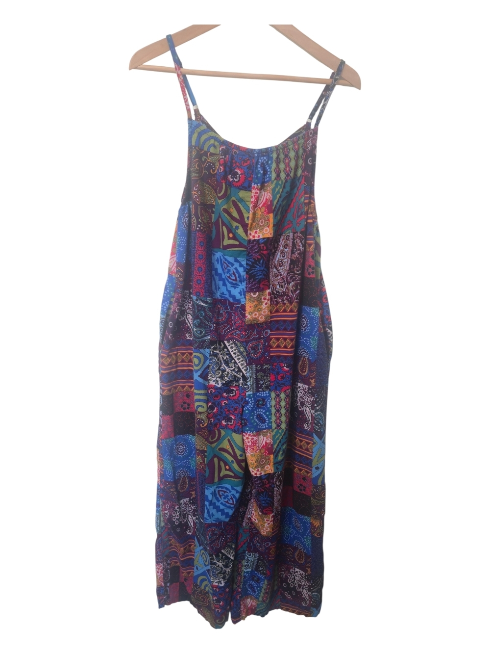 Boho Patchwork Overalls Wide Leg Jumpsuit Colorful Pockets Festival Hippie Med